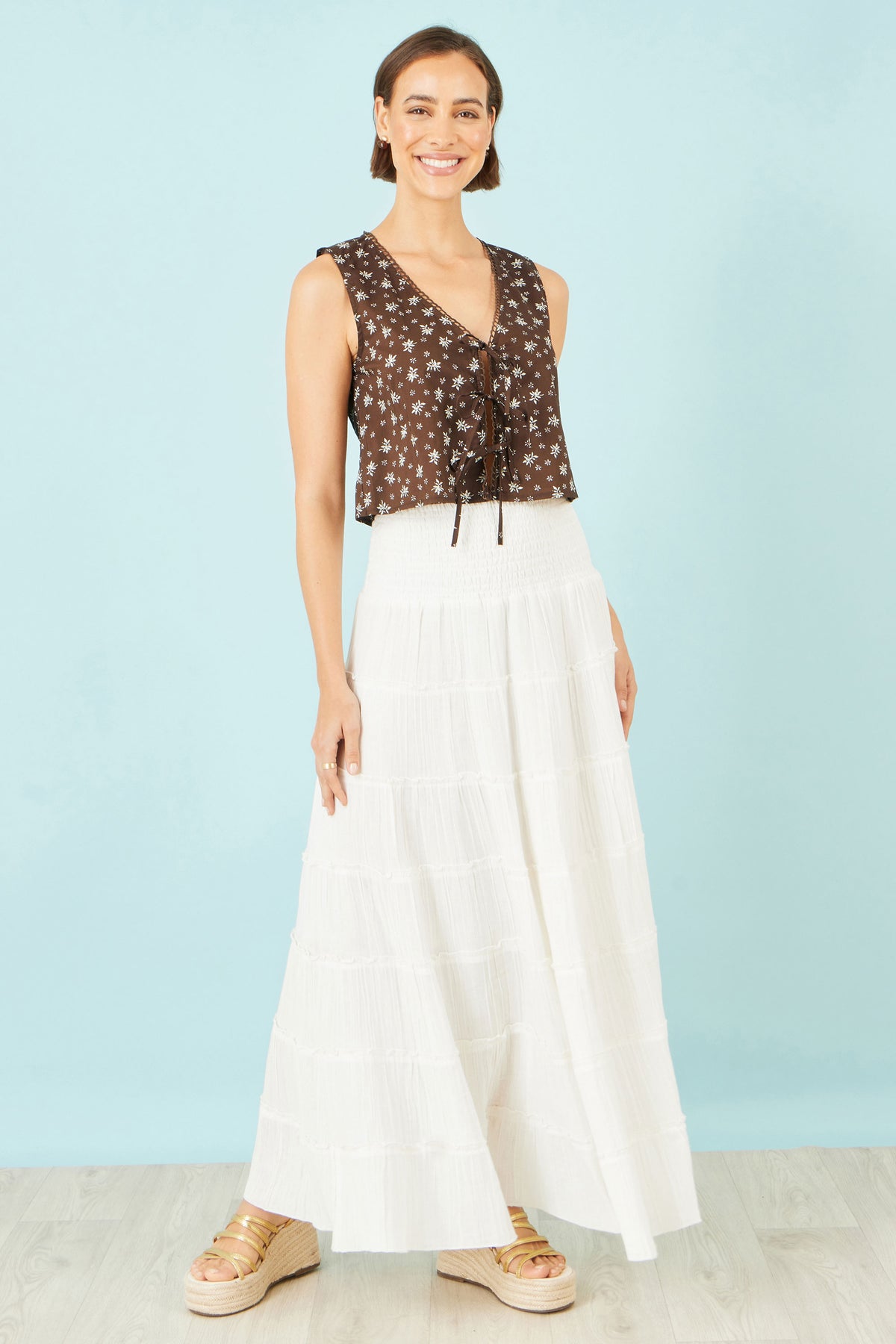 Yumi Brown Cotton Daisy Print Waistcoat Top WAISTCOAT Yumi
