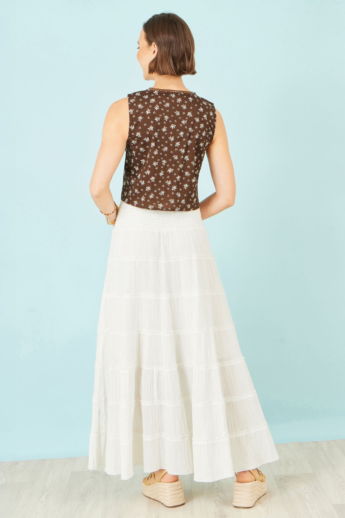 Yumi Brown Cotton Daisy Print Waistcoat Top WAISTCOAT Yumi