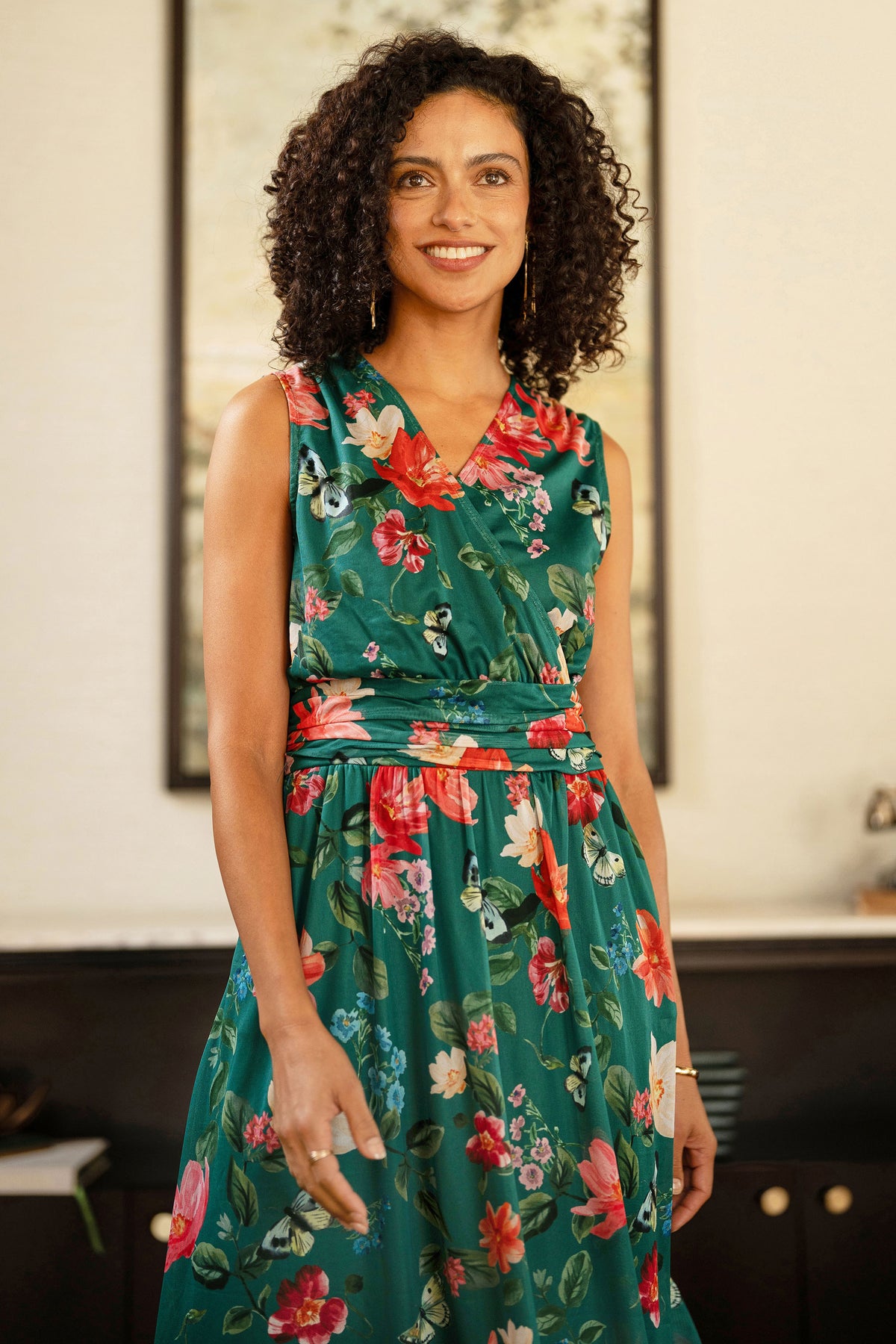 Yumi Green Blurred Floral Print Mesh Stretch Midi Dress With Pockets Dress Occasion Yumi