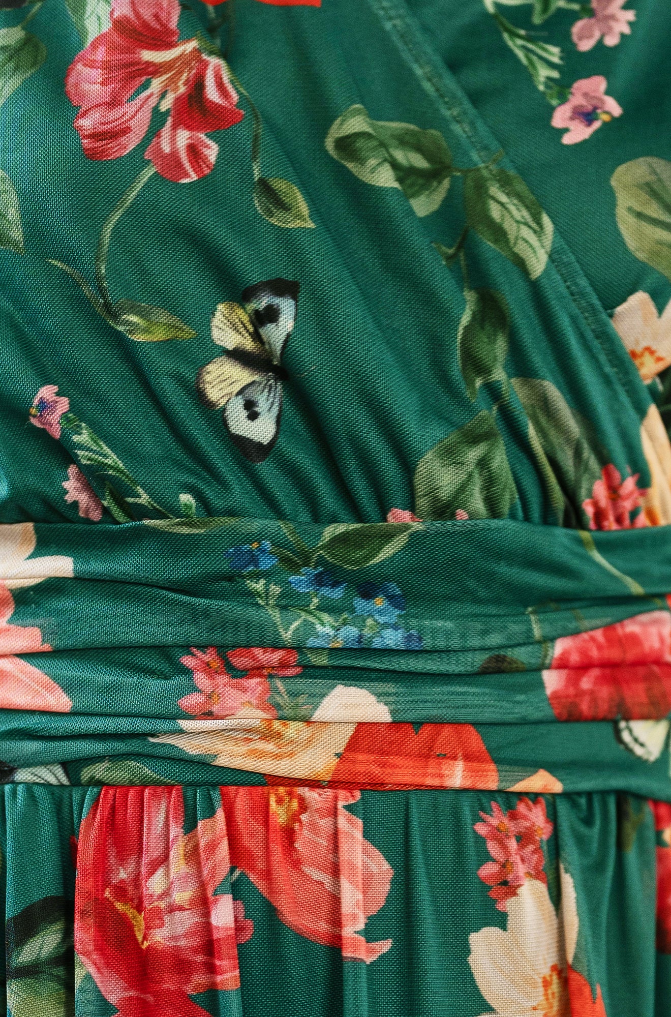 Yumi Green Blurred Floral Print Mesh Stretch Midi Dress With Pockets Dress Occasion Yumi