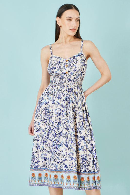 Yumi White Floral Border Print Viscose Midi Sun Dress Beachwear Yumi