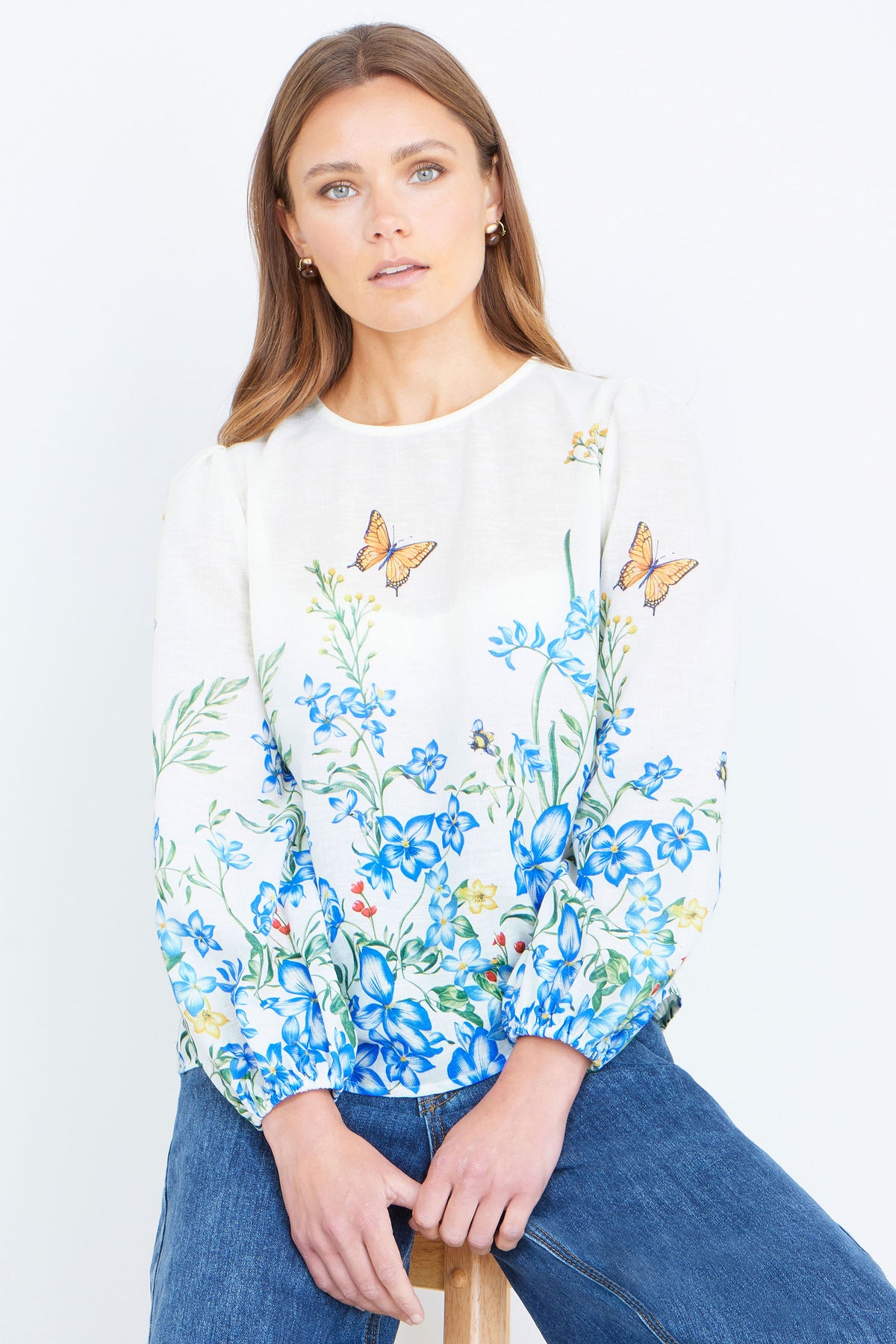 Yumi Ivory Butterfly Print Long Sleeve Top Tops Yumi