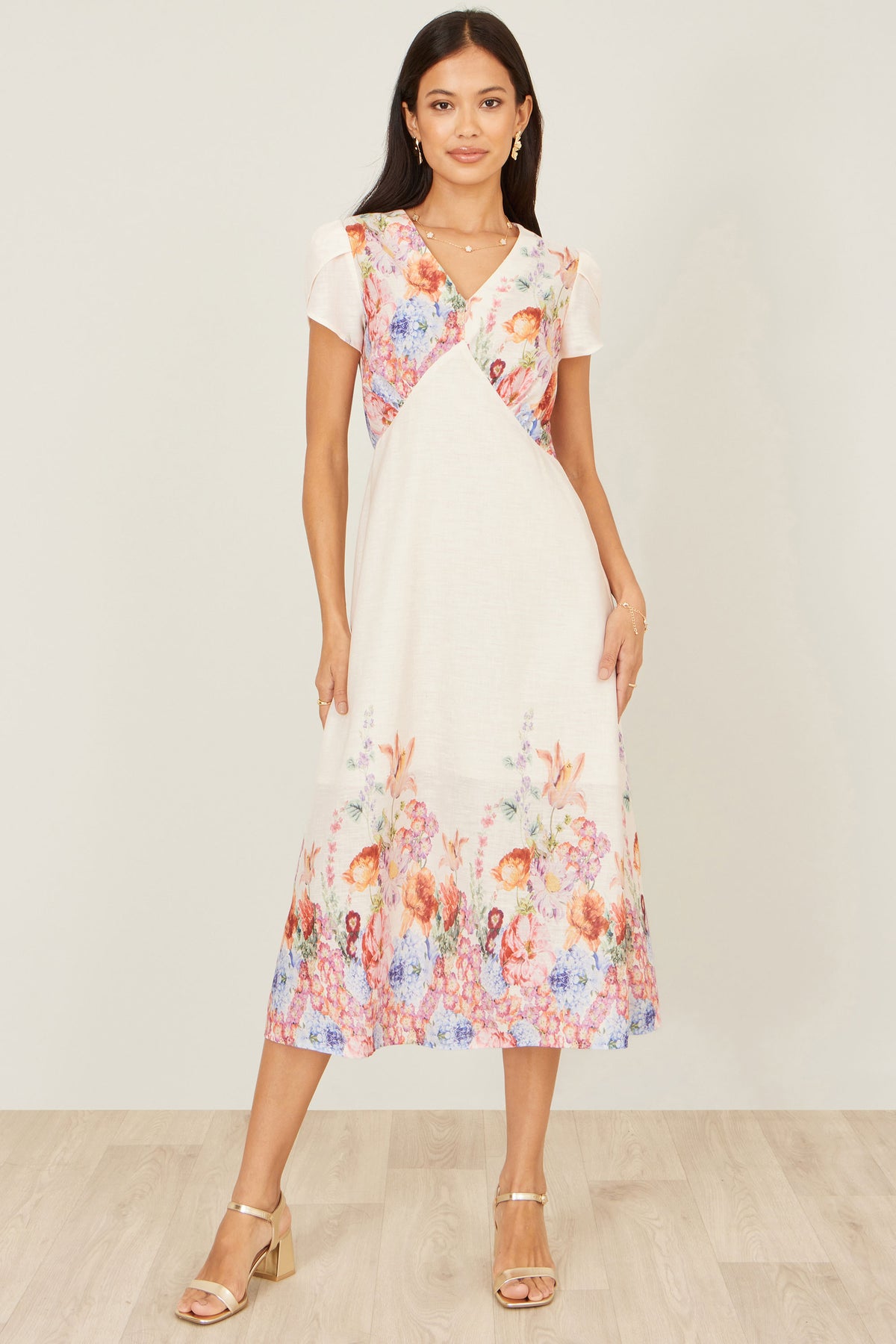Yumi Pink Border Floral Midi Dress Dress Occasion Yumi