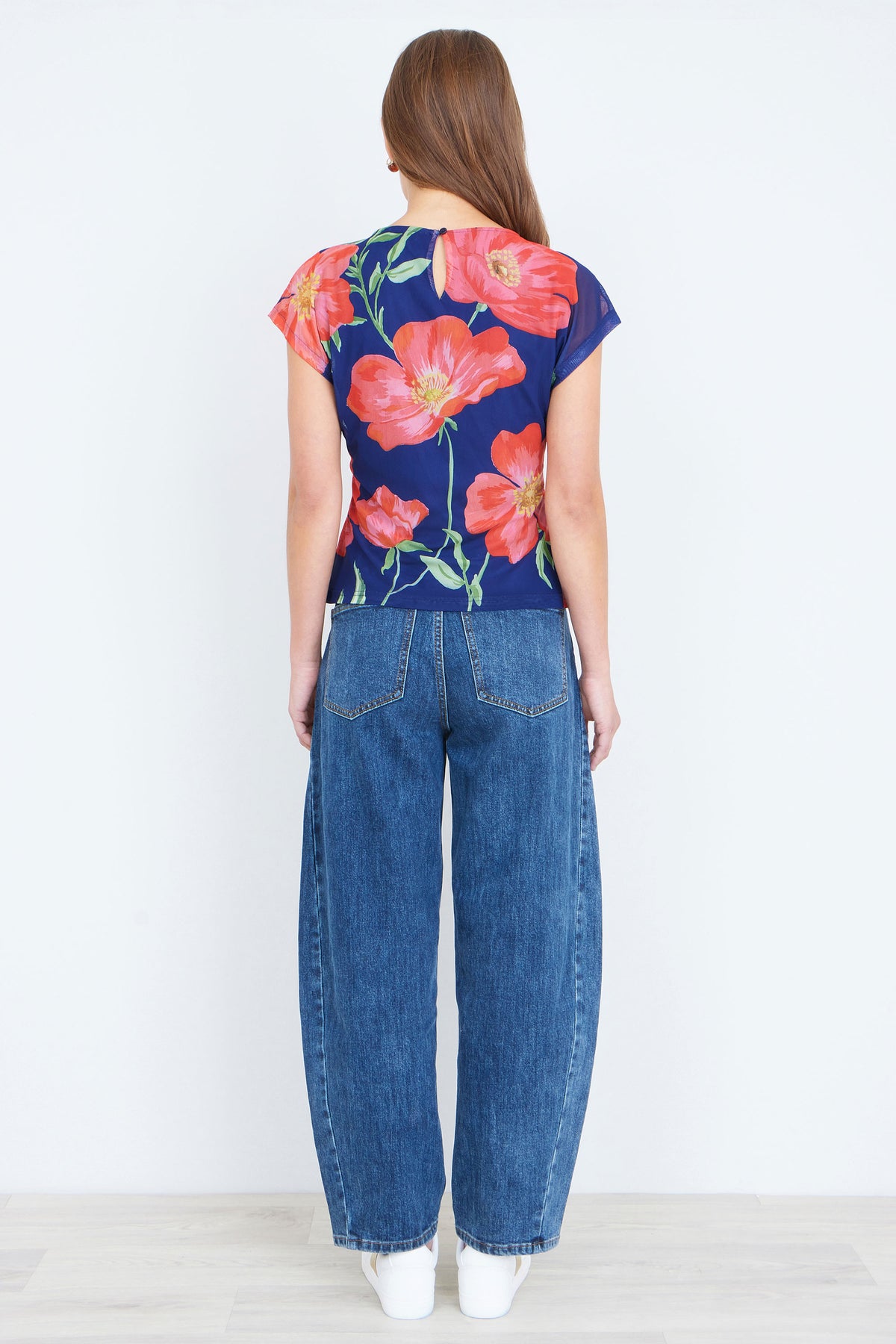 Yumi Navy Poppy Mesh Top Tops Yumi