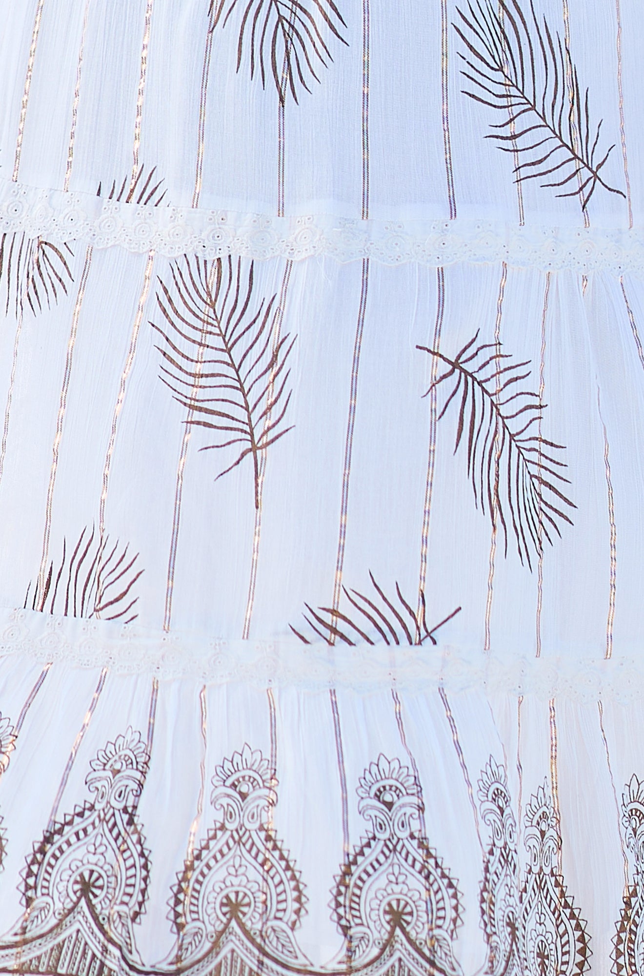 Yumi Ivory Foil Print Midi Sun Dress With Lace Trims Beachwear Yumi