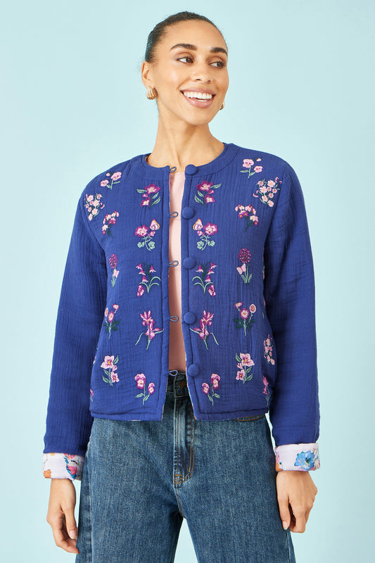 Yumi Blue Floral Embroidery Cotton Jacket Outerwear Yumi