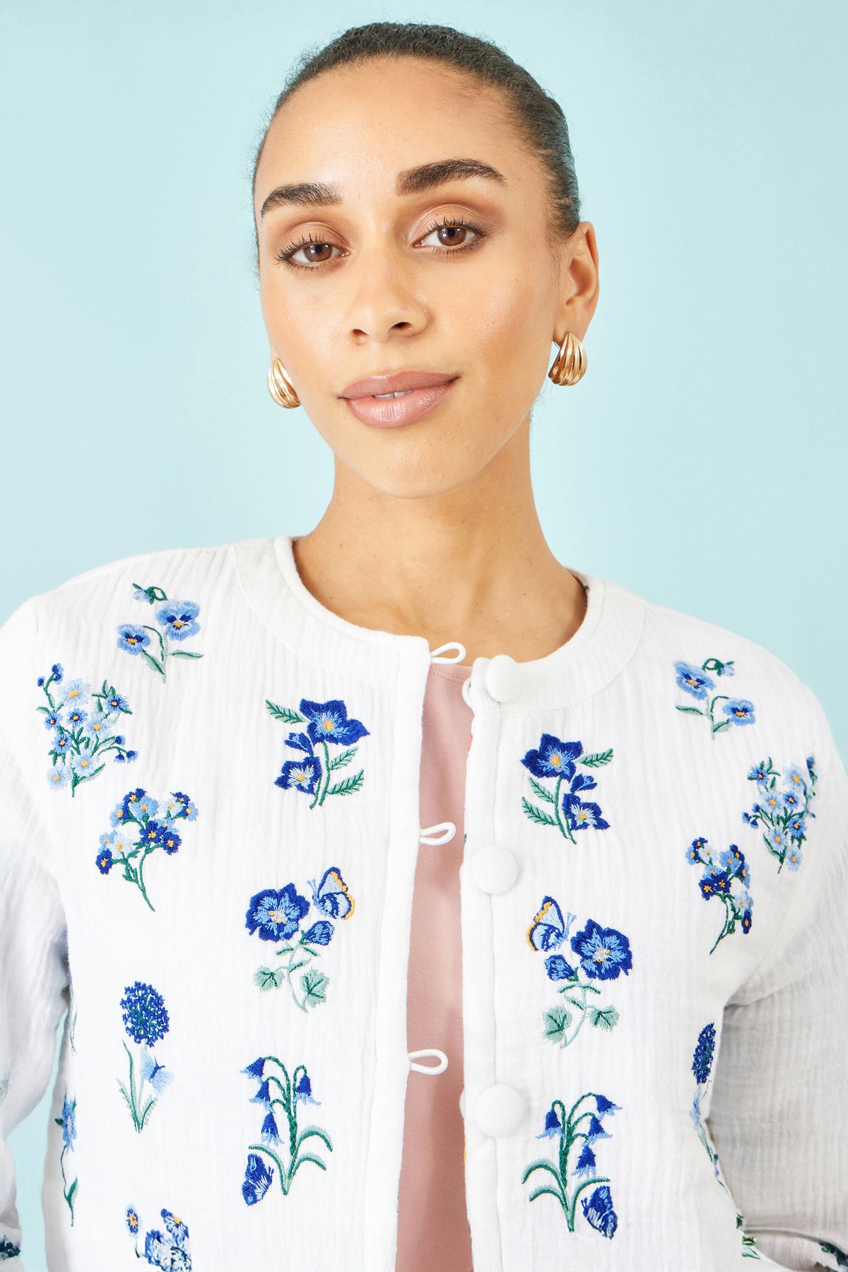Yumi White Floral Embroidery Reversible Cotton Jacket JACKET Yumi
