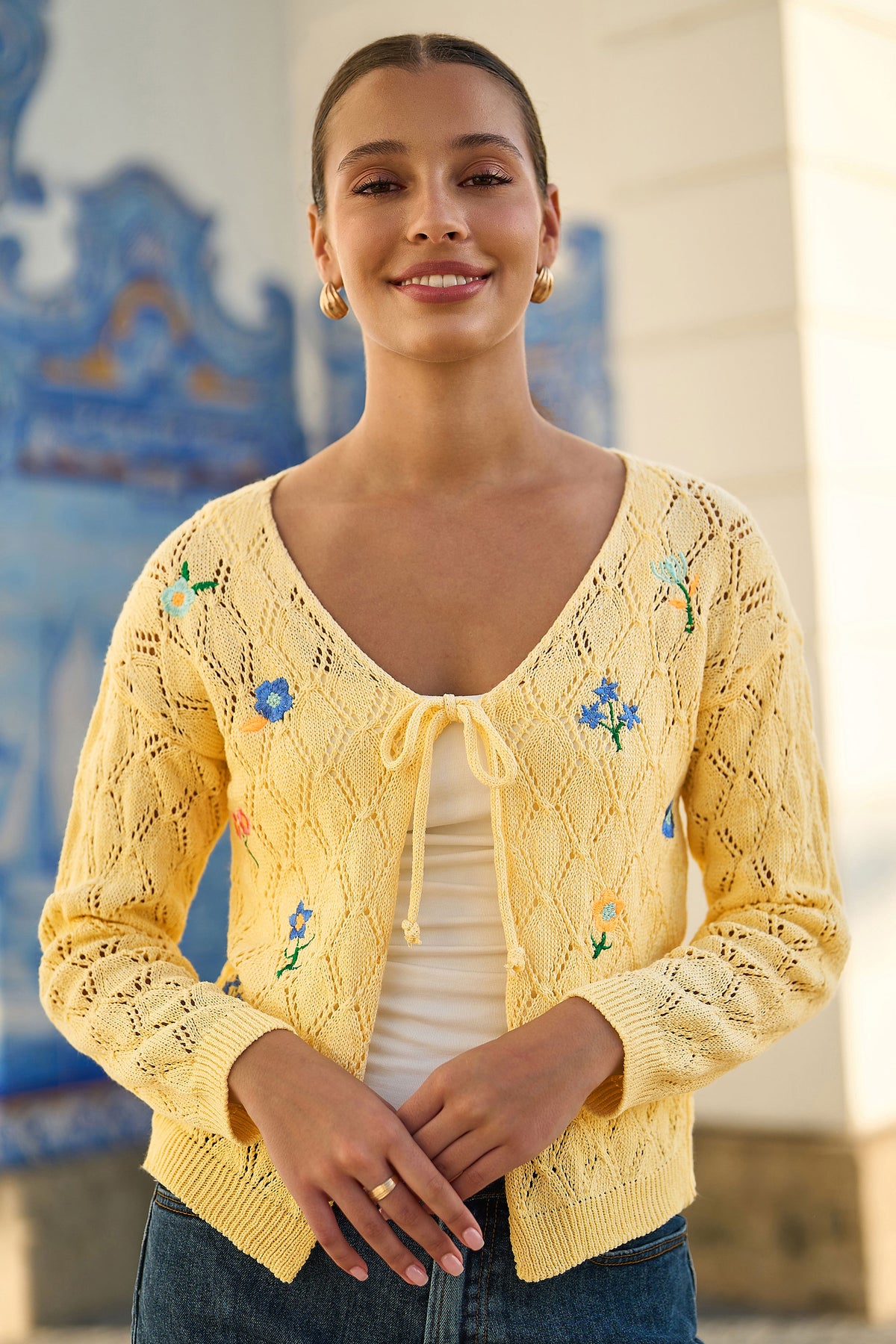 Yumi Butter Yellow Embroidered Pointelle Cardigan Knit Cardigan Yumi