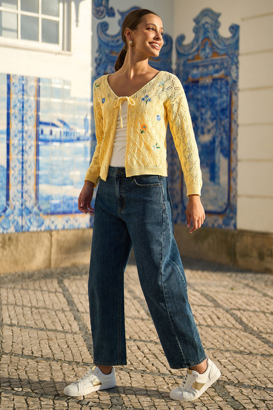 Yumi Butter Yellow Embroidered Pointelle Cardigan Knit Cardigan Yumi