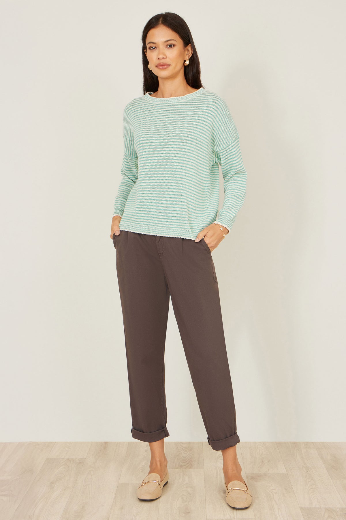 Yumi Sea Green Knitted Stripe Relaxed Jumper Knit Jumper Yumi