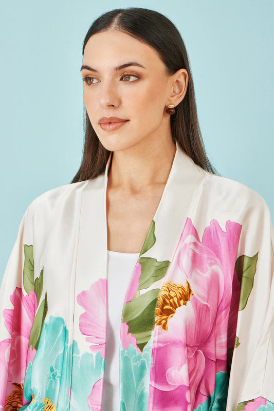 Yumi Ivory Floral Print Relaxed Kimono Outerwear Yumi