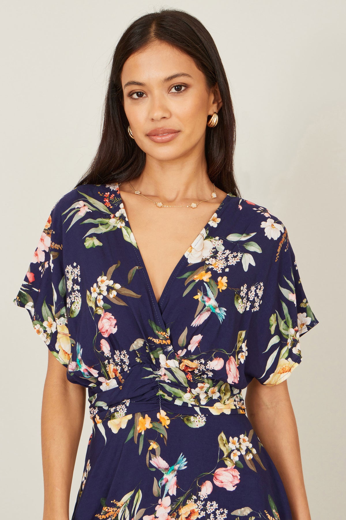 Yumi Navy Viscose Floral Print Midi Dress With Ruched Waist Dress Casual Yumi