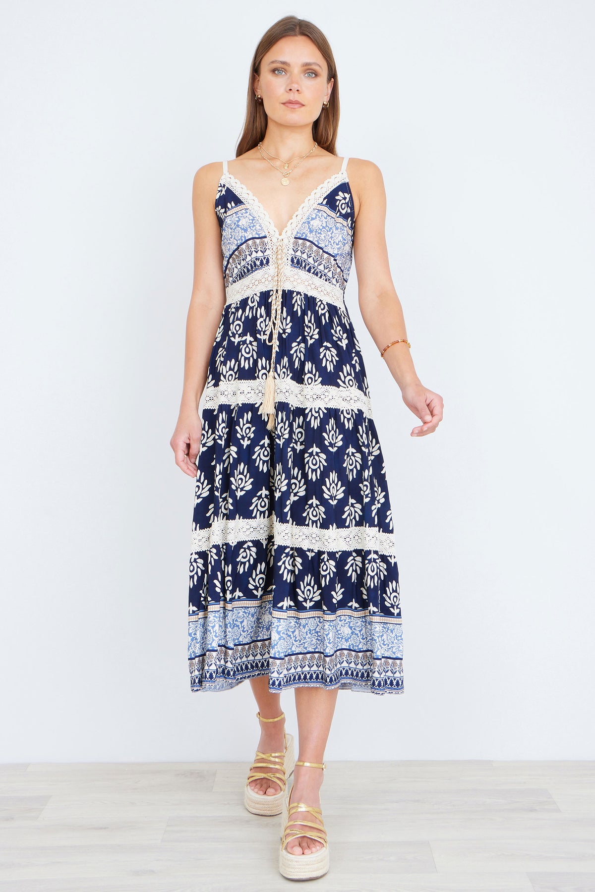 Yumi Navy Viscose Paisley Print Midi Sun Dress Beachwear Yumi