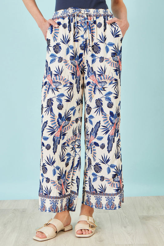 Yumi Blue Bird Print Viscose Wide Leg Trousers TROUSER Yumi