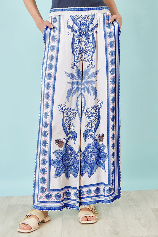 Yumi Blue Satin Print Placement Relaxed Trousers TROUSER Yumi