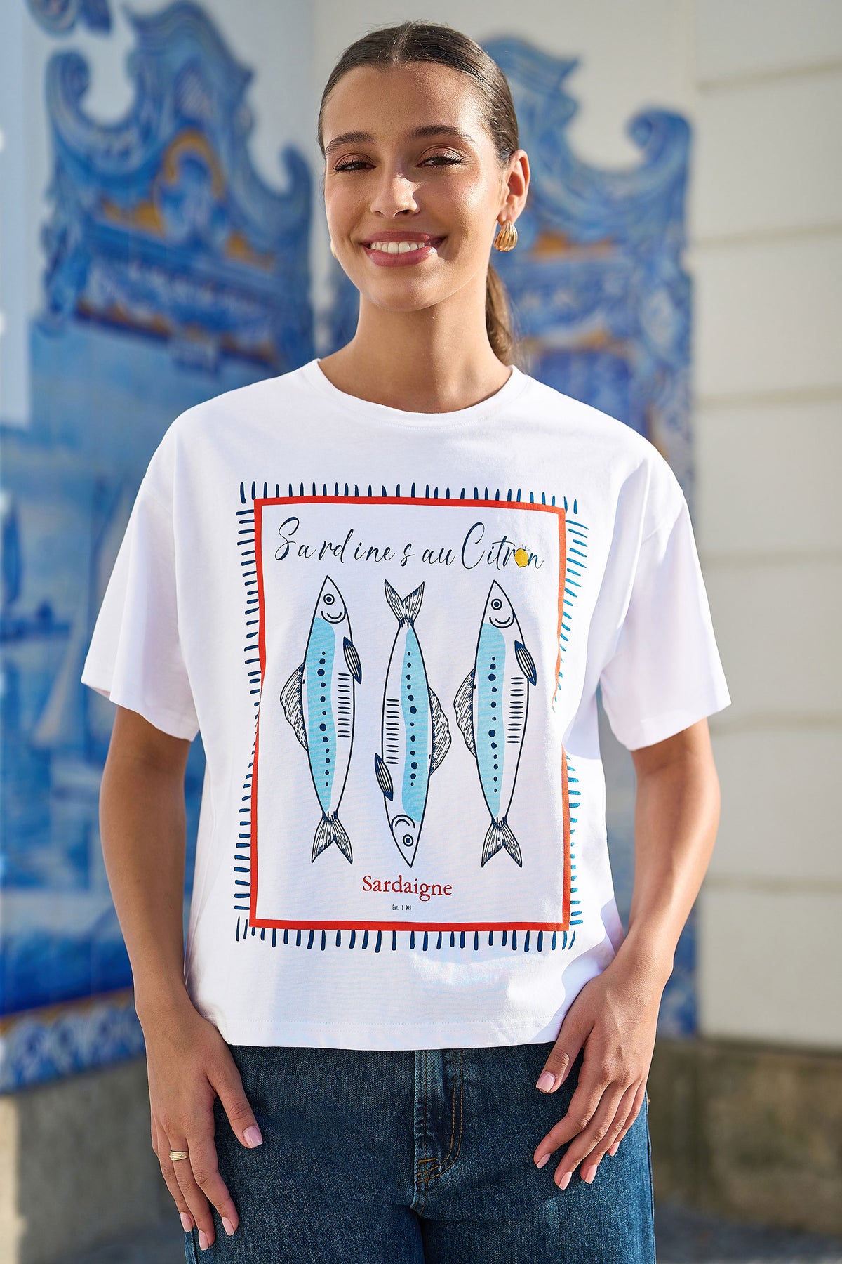 Yumi White Cotton Summer Motif T-Shirt Tops Yumi