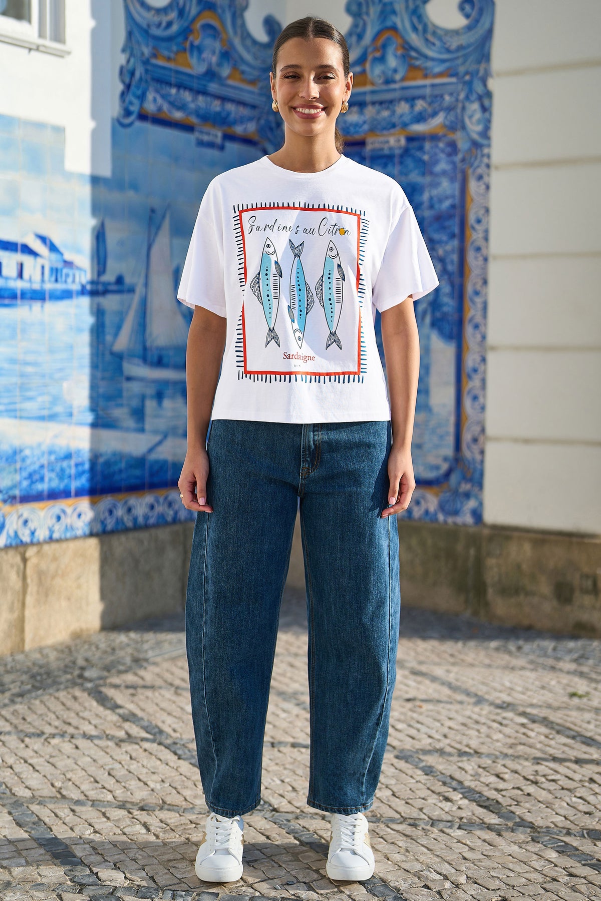 Yumi White Cotton Summer Motif T-Shirt Tops Yumi