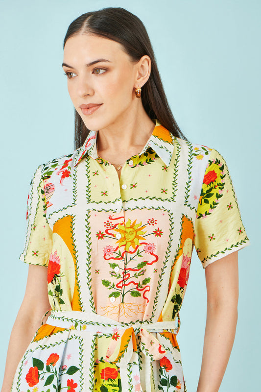 Yumi Multicolour Sun Patchwork Print Shirt Dress Dress Casual Yumi