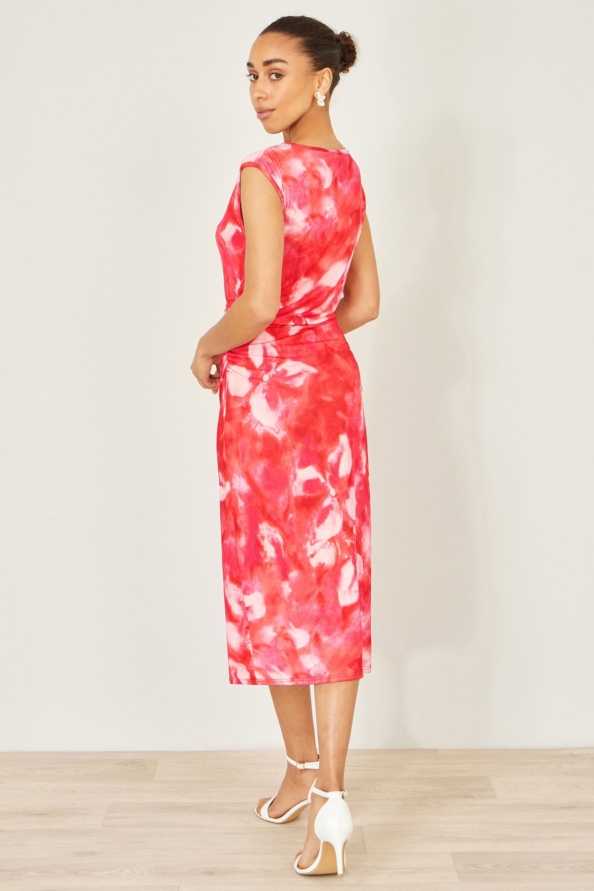 Yumi Red Mesh Ruched Bodycon Midi Dress Dress Occasion Yumi