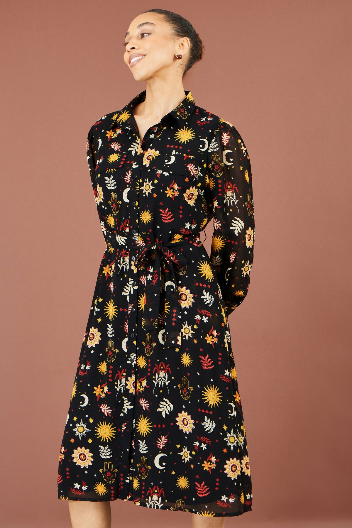 Yumi Black Cosmic Midi Shirt Dress Dress Casual Yumi