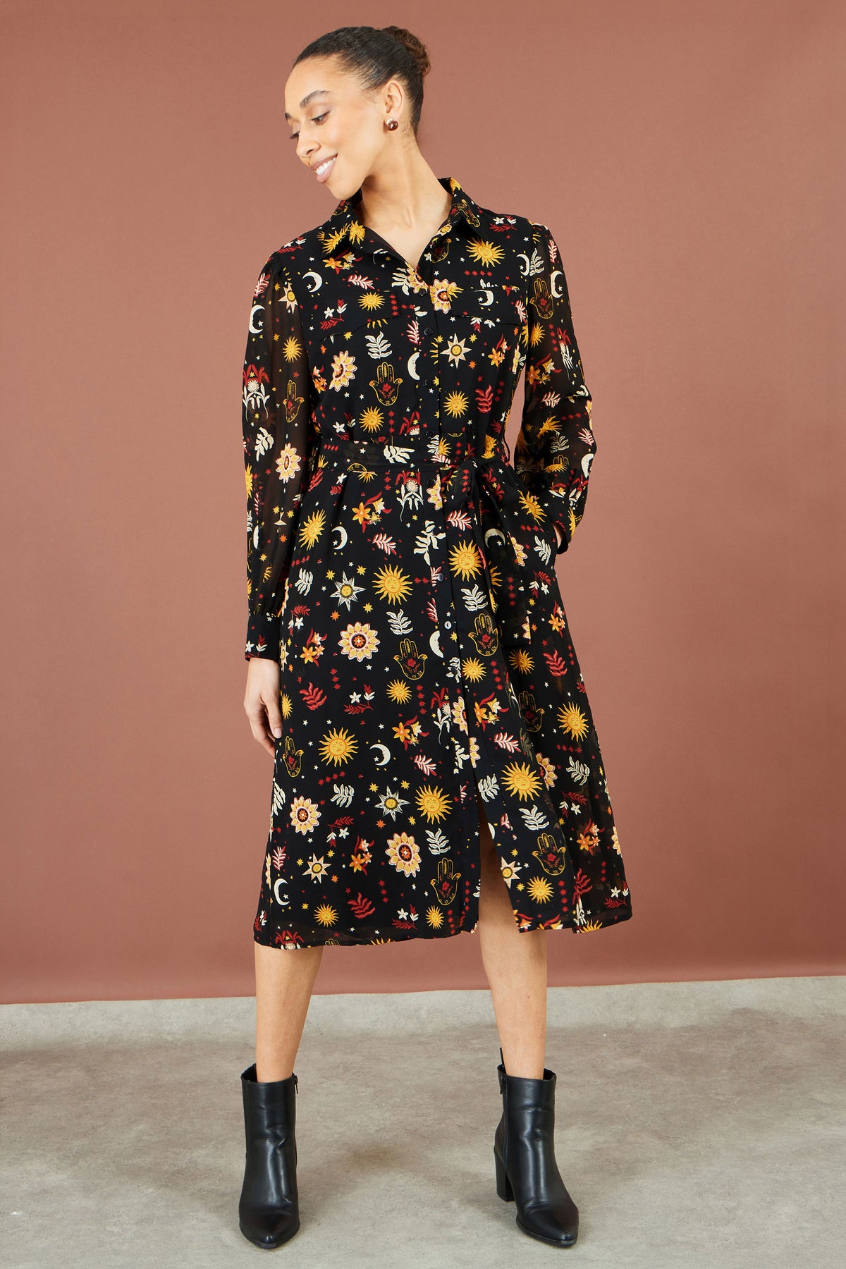 Yumi Black Cosmic Midi Shirt Dress Dress Casual Yumi