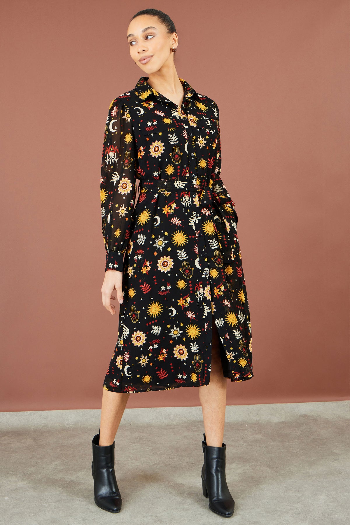Yumi Black Cosmic Midi Shirt Dress Dress Casual Yumi