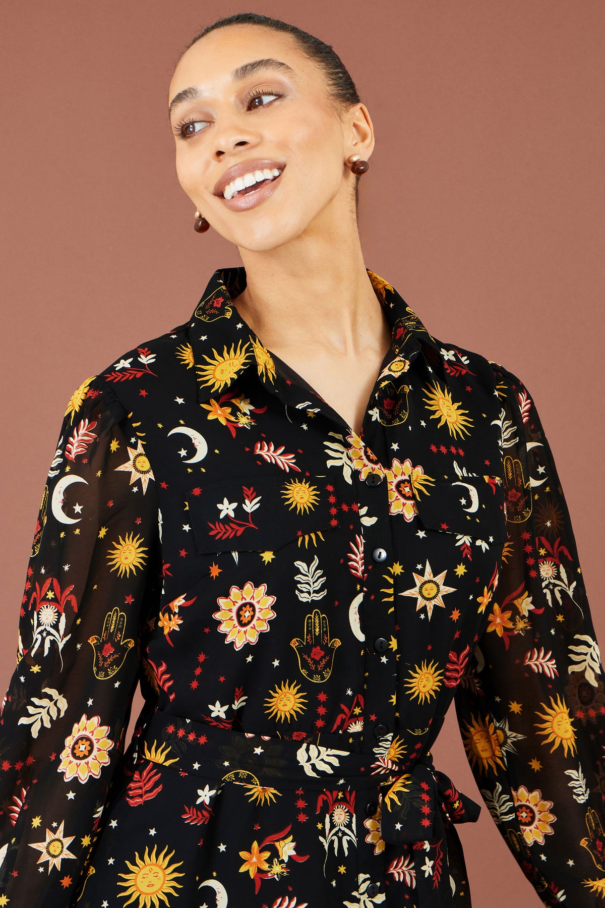 Yumi Black Cosmic Midi Shirt Dress Dress Casual Yumi
