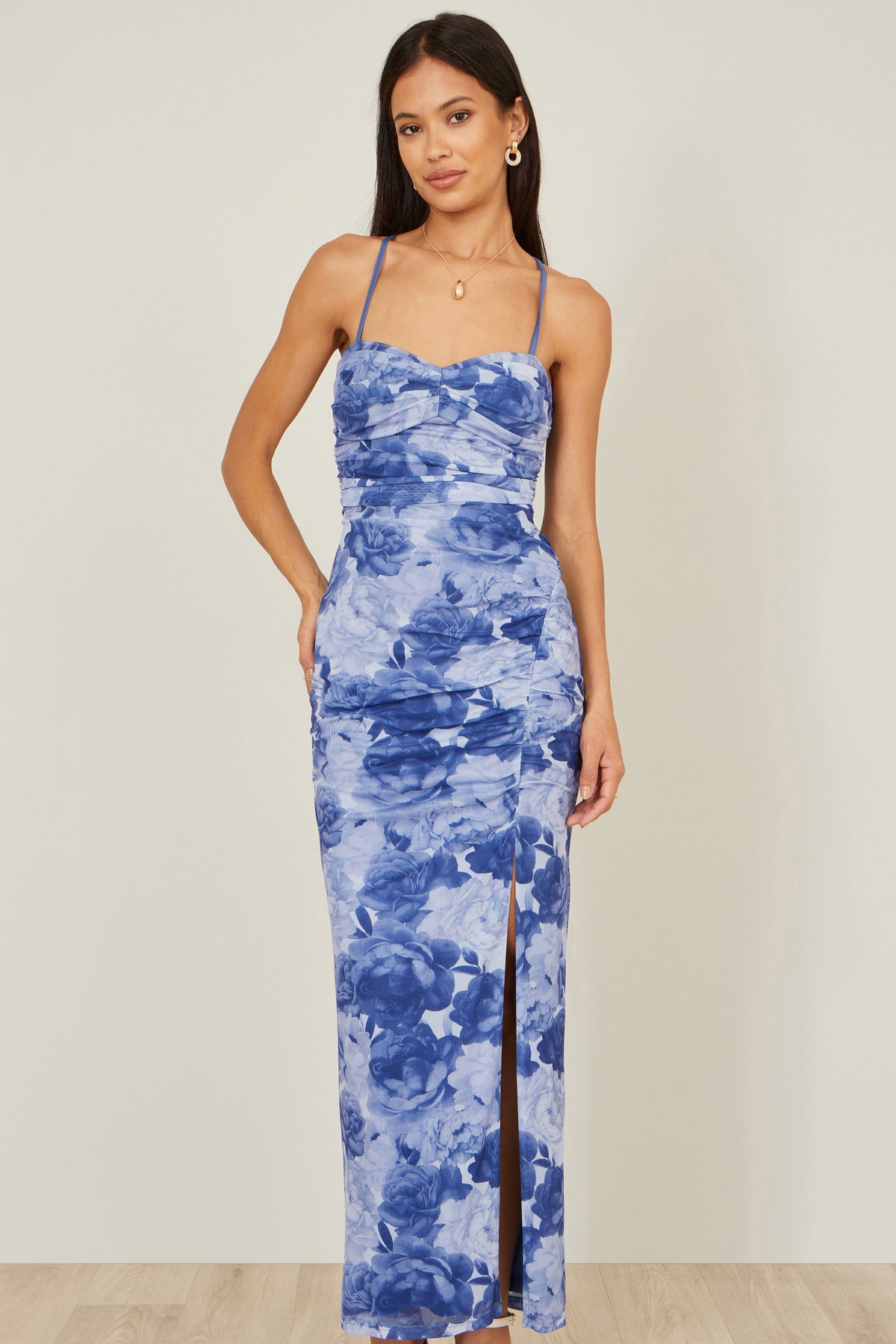 Yumi Blue Mesh Ruched Midi Dress With Split Dress Occasion Yumi