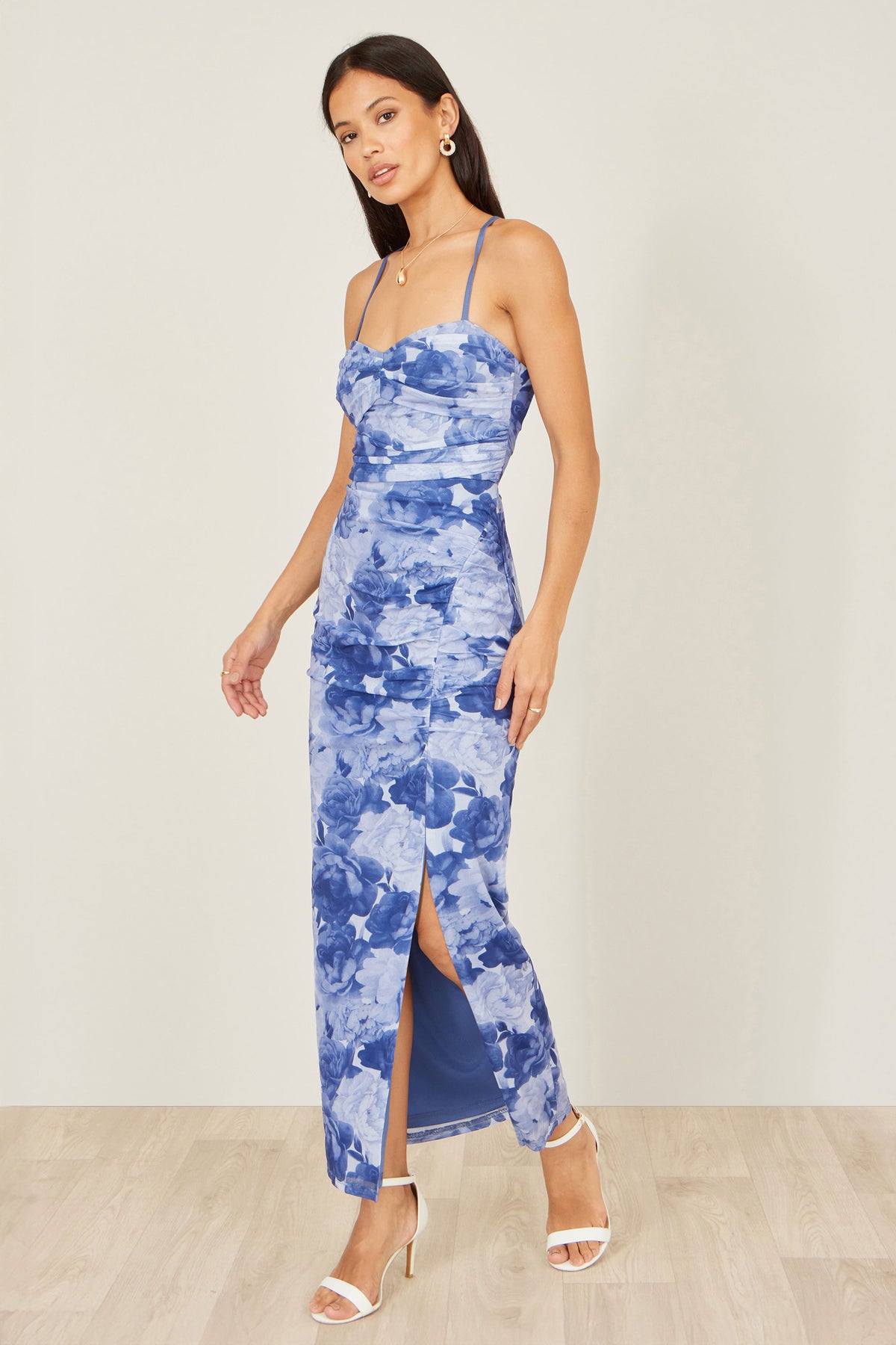 Yumi Blue Mesh Ruched Midi Dress With Split Dress Occasion Yumi