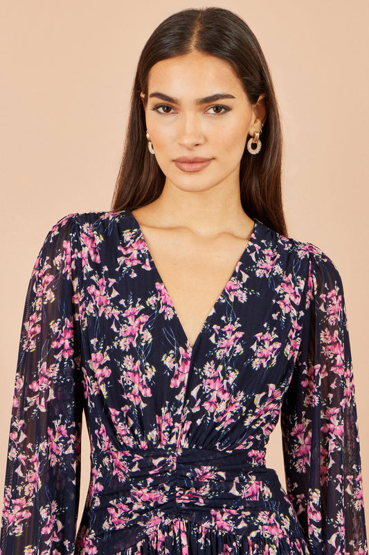 Yumi Navy Floral Mesh Ruched Waist Maxi Dress Dress Occasion Yumi