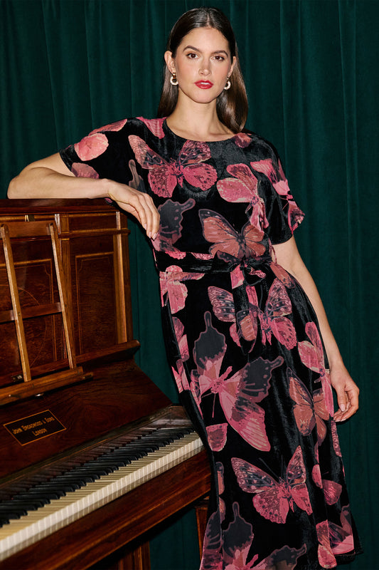 Yumi Black Velvet Butterfly Midi Dress Dress Party Yumi