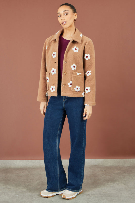 Yumi Brown Embroiderd Daisy Fleece Jacket Outerwear Yumi