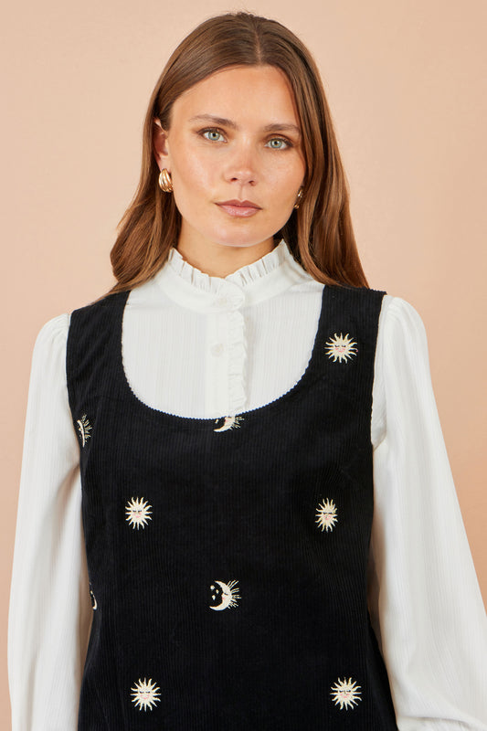 Yumi Black Cotton Cosmic Cord Pinafore Dress Dress Casual Yumi