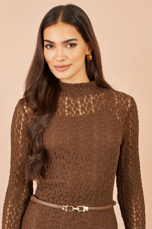 Yumi Brown High Neck Lace Midi Dress Dress Casual Yumi