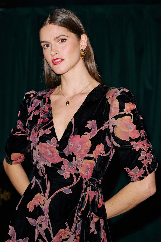 Yumi Velvet Floral Wrap Dress With Ruched Sleeves Dress Party Yumi