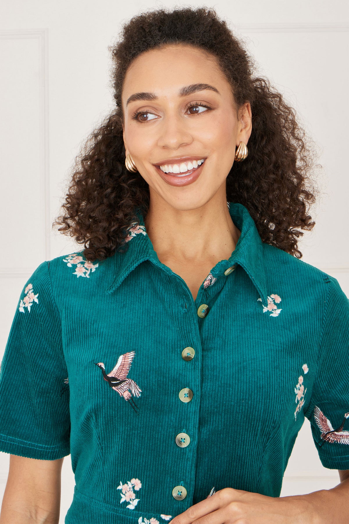 Yumi Teal Crane Embroidered Shirt Dress Dress Casual Yumi