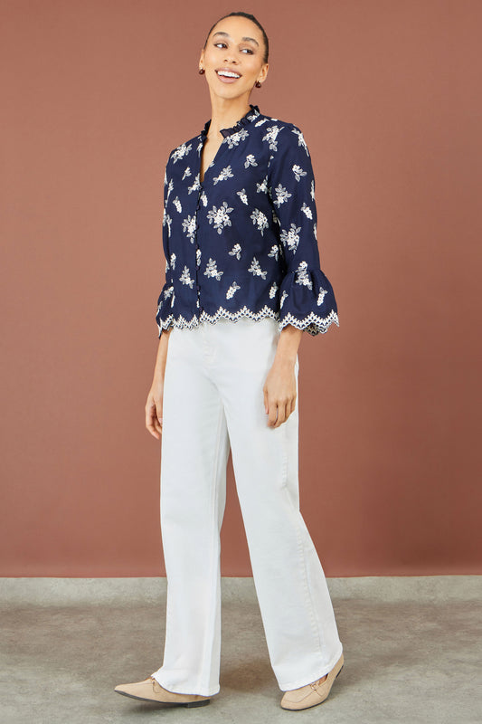Yumi Navy Broderie Shirt With Fluted Sleeves Tops Yumi