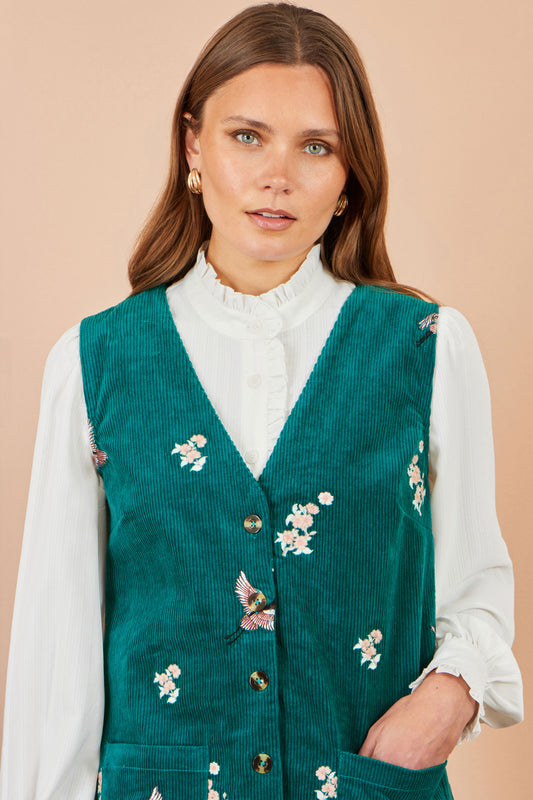 Yumi Teal Crane Embroidery Button Up Pinafore Dress Dress Casual Yumi