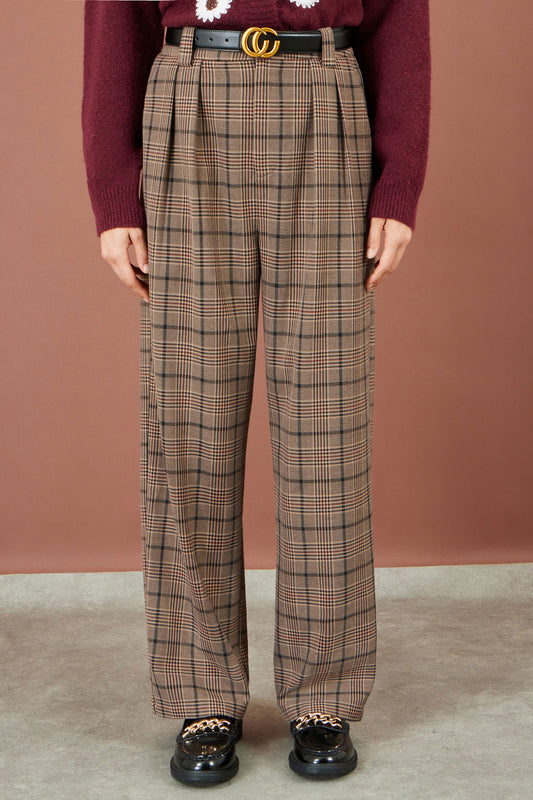 Yumi Brown Check Wide Leg Trousers Trouser Yumi