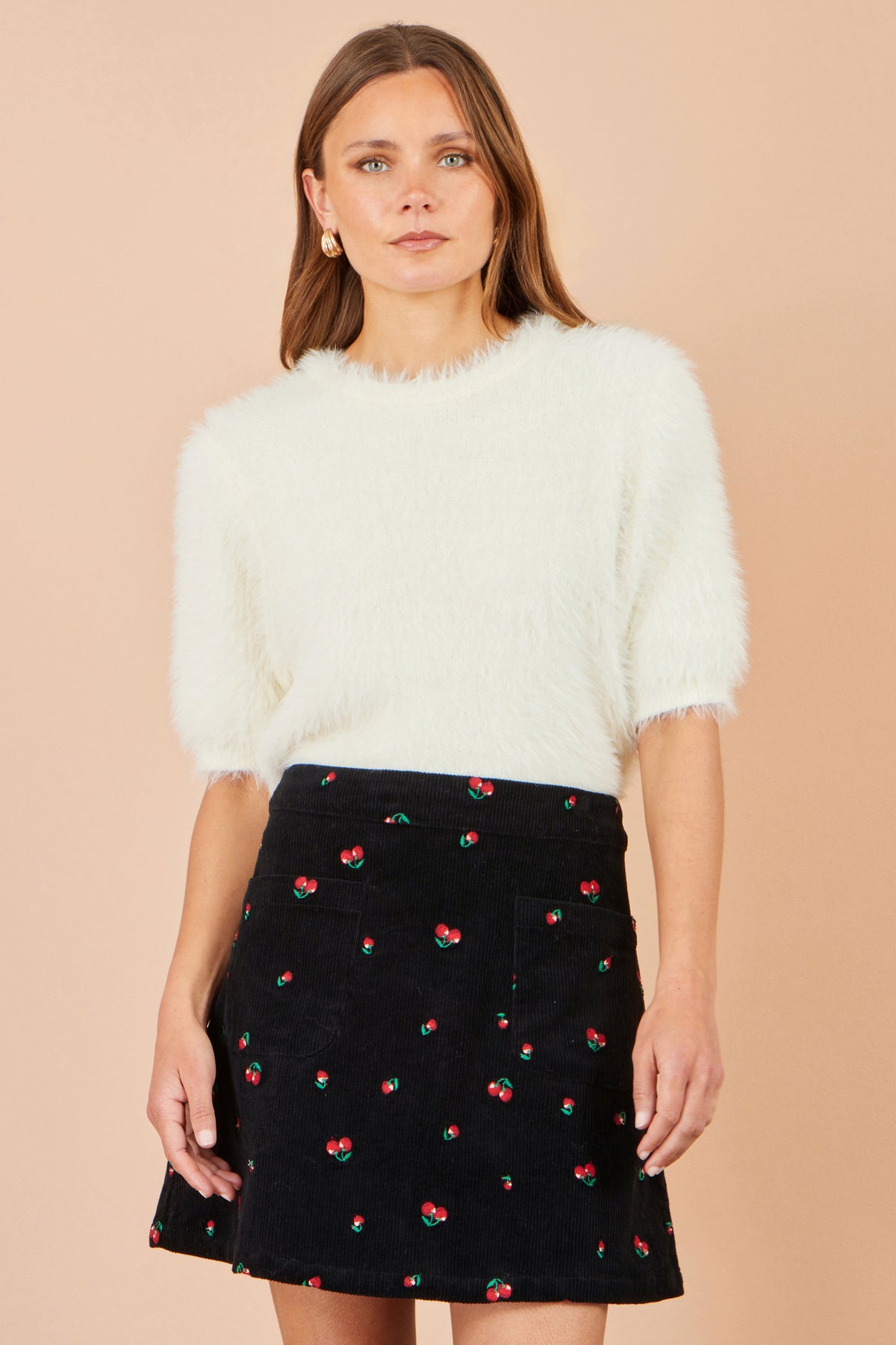 Yumi Black Cherry Embroidered Cord Mini Skirt SKIRT Yumi