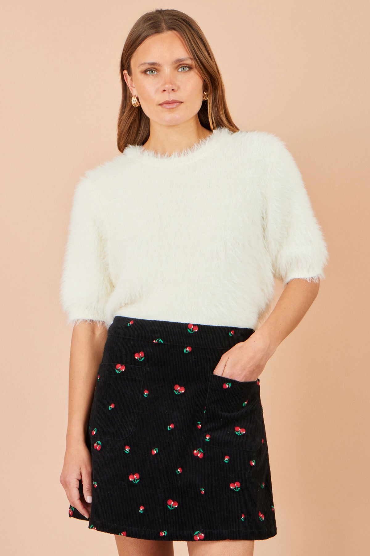 Yumi Black Cherry Embroidered Cord Mini Skirt SKIRT Yumi