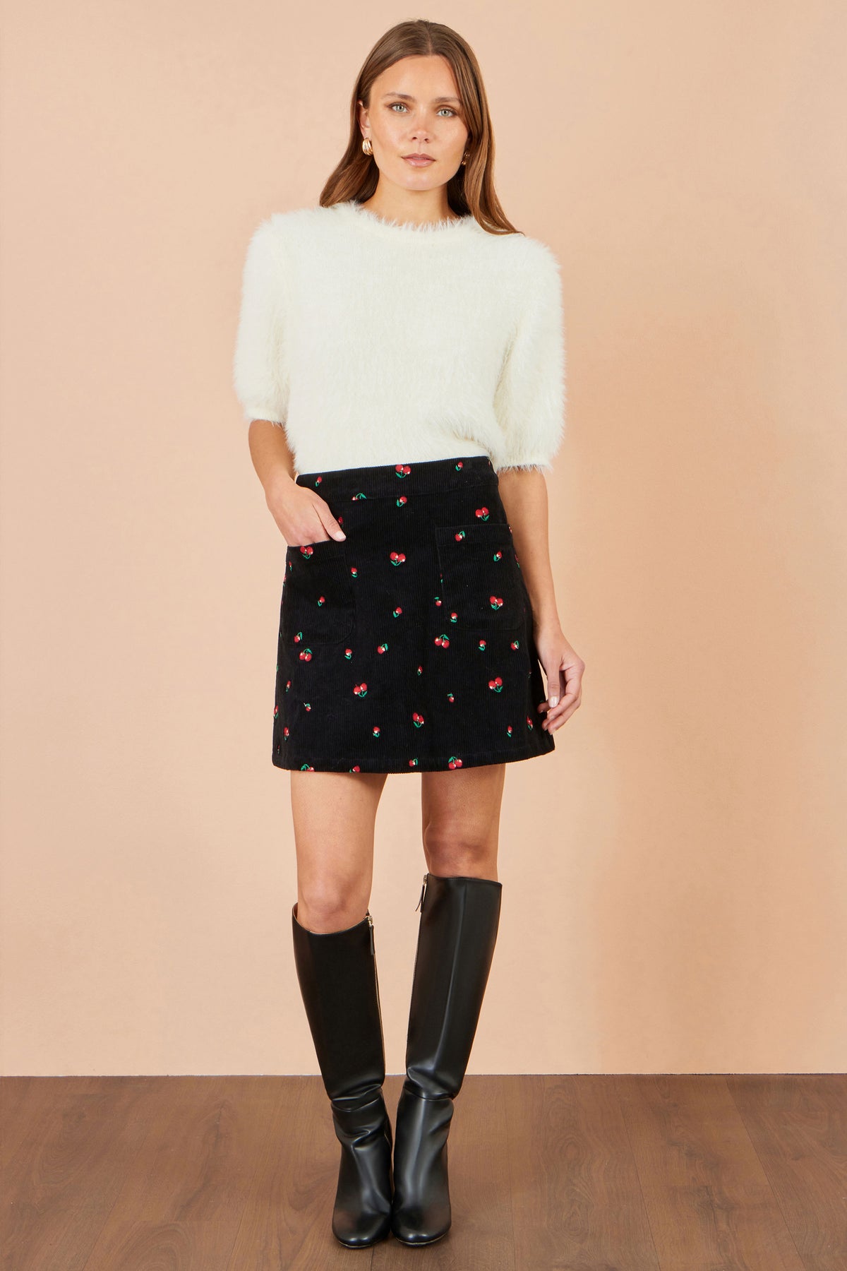 Yumi Black Cherry Embroidered Cord Mini Skirt SKIRT Yumi