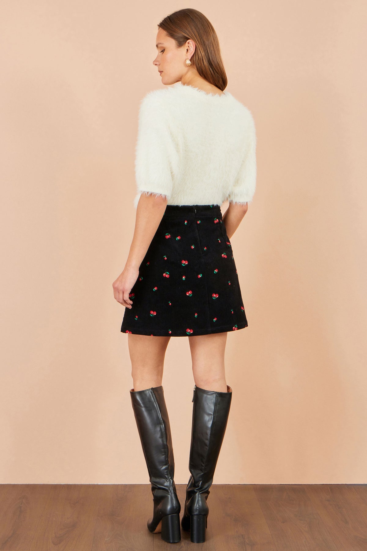 Yumi Black Cherry Embroidered Cord Mini Skirt SKIRT Yumi