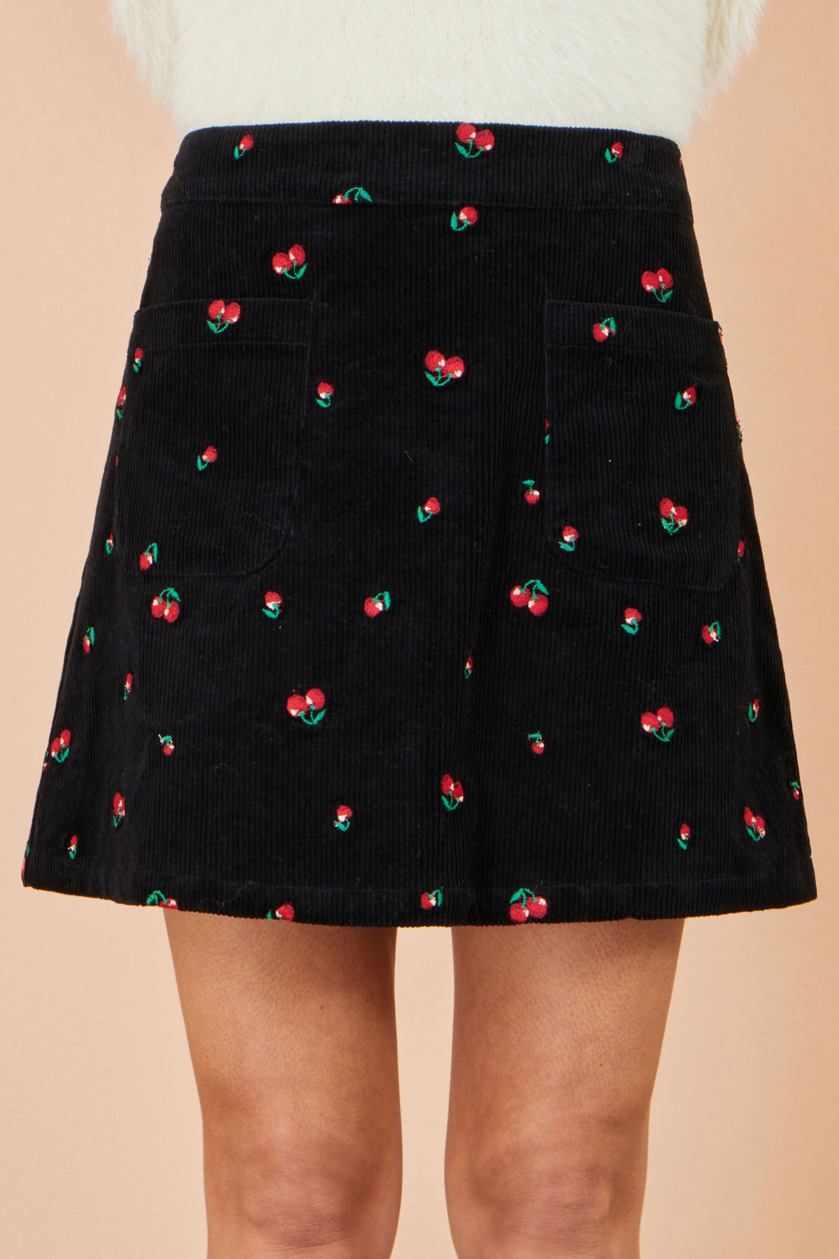 Yumi Black Cherry Embroidered Cord Mini Skirt SKIRT Yumi