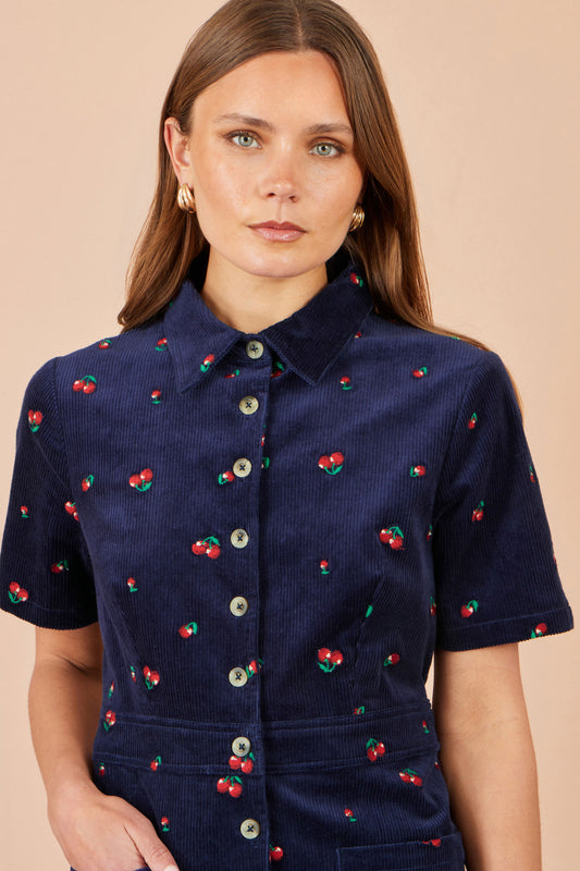 Yumi Navy Embroidered Cherry Shirt Dress Dress Casual Yumi