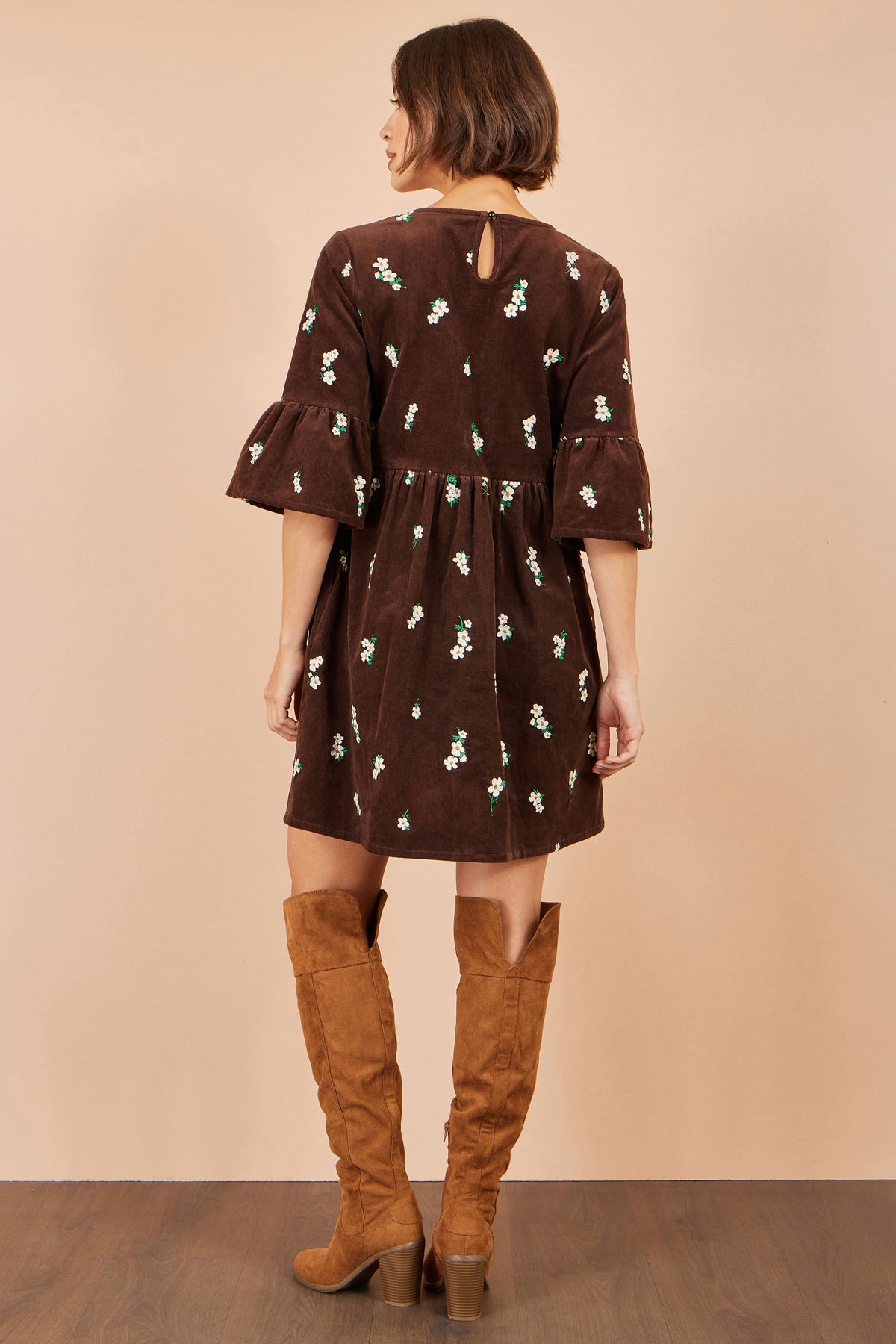 Yumi Brown Embroidered Daisy Cord Dress Dress Casual Yumi