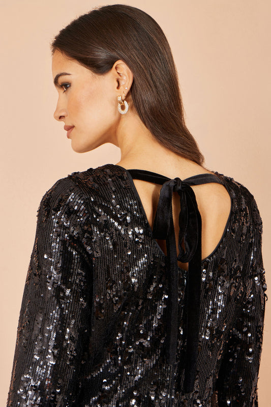 Yumi Black Sequin Flare Sleeve Tie Back Tunic Dress Dress Party Yumi