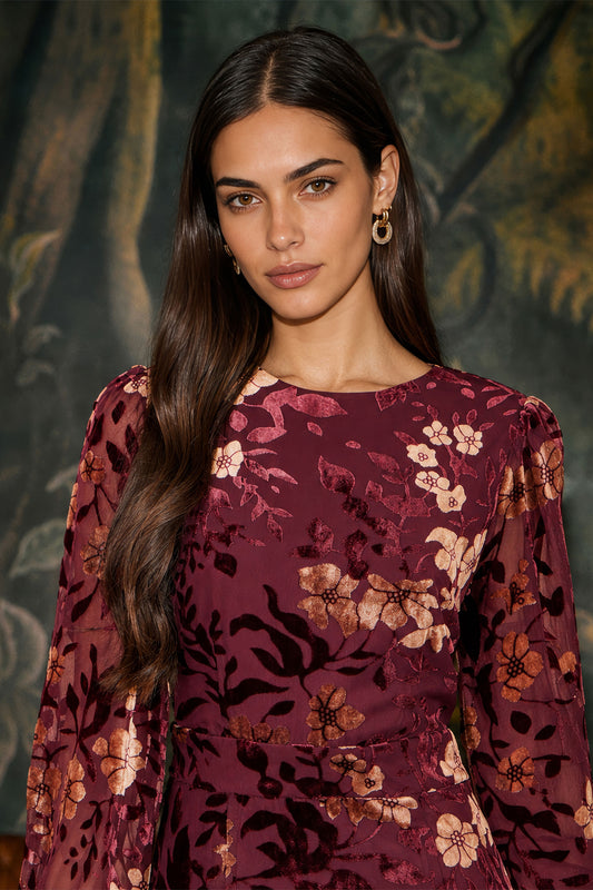 Yumi Burgundy Velvet Floral Midi Dress With Frill Dress Party Yumi