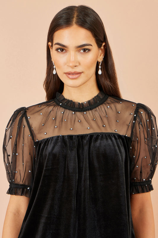 Yumi Black Velvet Mesh Embellished Top Tops Yumi