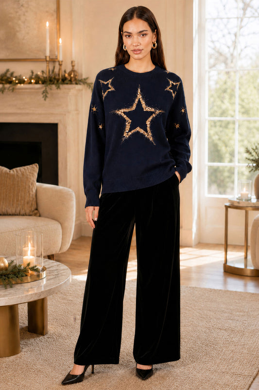 Yumi Navy Viscose Star Sequin Relaxed Jumper Knit Xmas Jumper Yumi